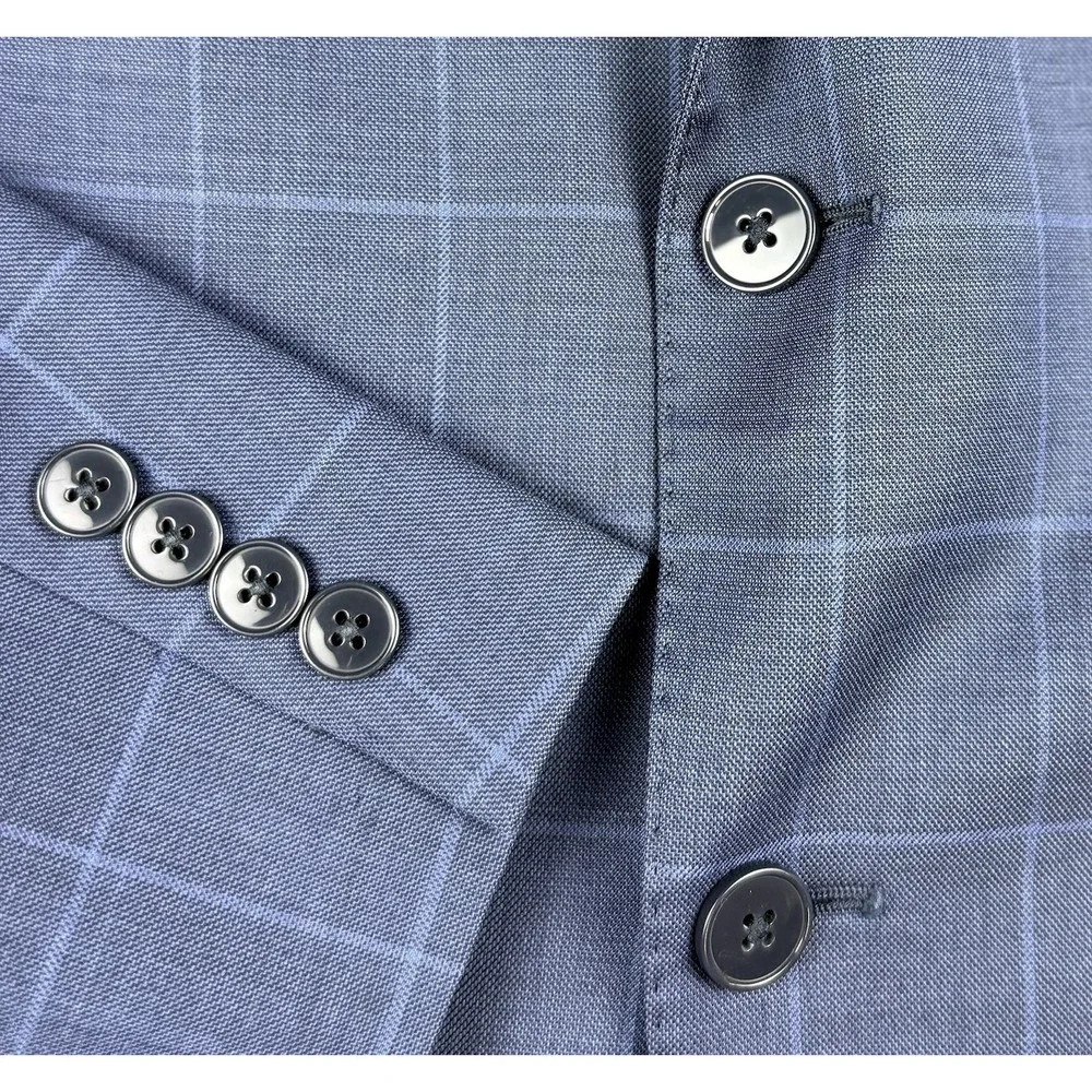 Calvin Klein 44L Blue Windowpane 100% Wool Sport Coat Blazer 2 Button Jacket
